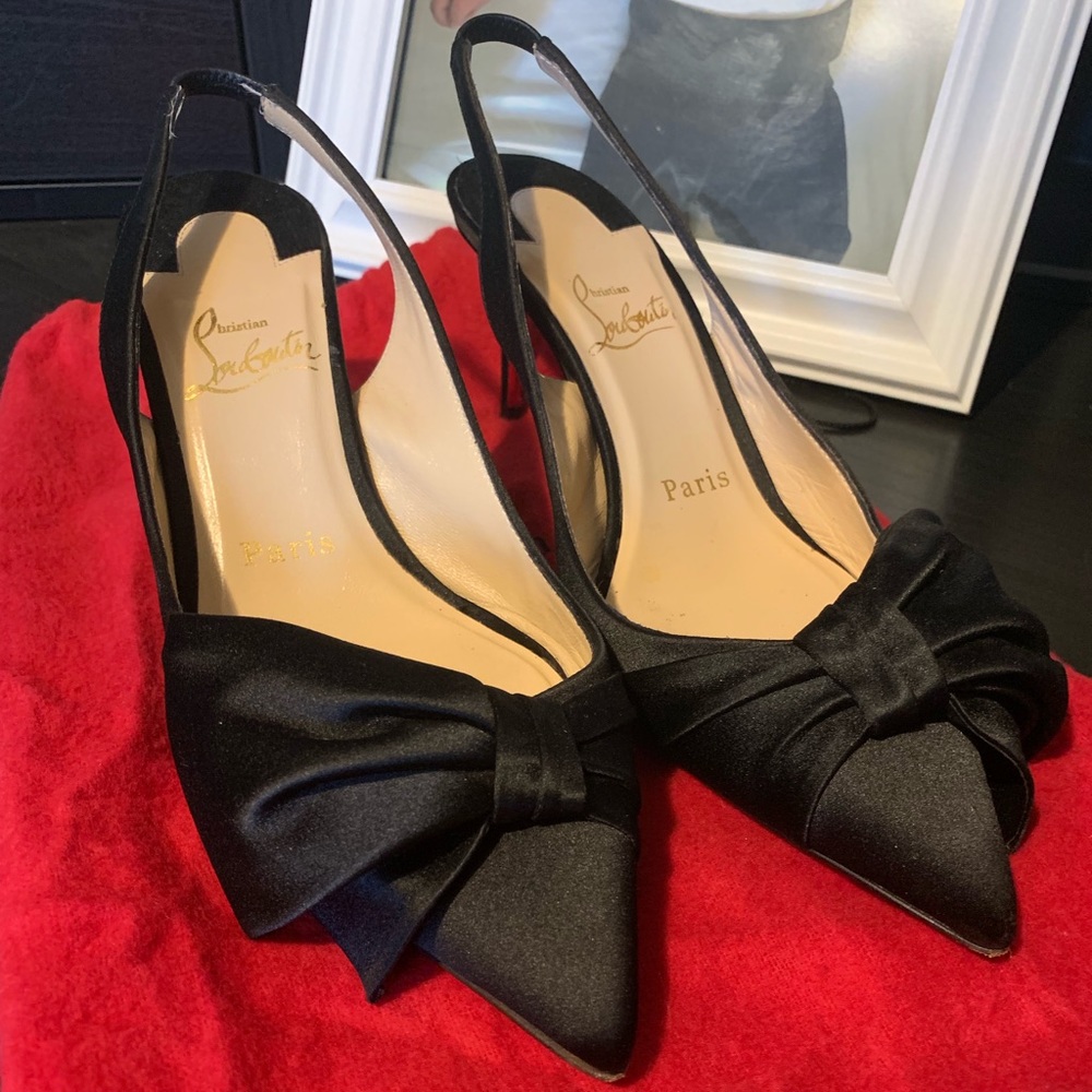 Satin bow sling back louboutins